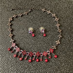 Red Rhinestone Choker Necklace w/ Earrings